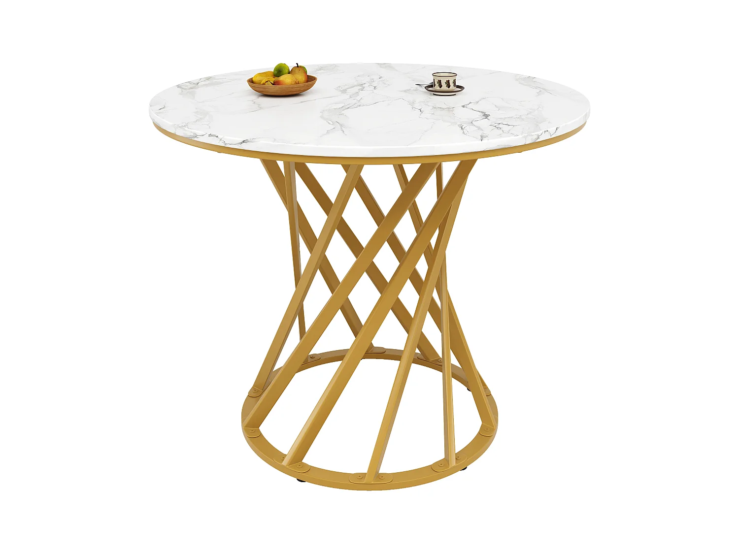 Table à manger 4 places - 80 x 80 x 76cm - table ronde pieds en métal dorés  - plateau en MDF marbré - MDF + métal - blanc