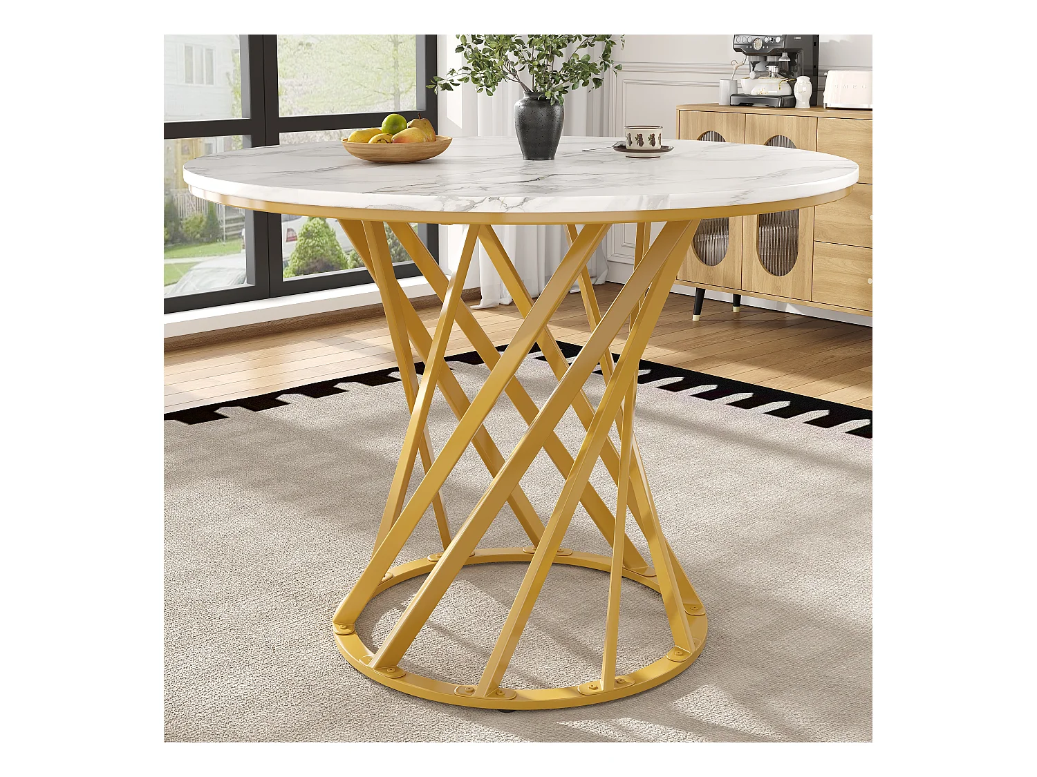 Esstisch für 4 Personen – 80 x 80 x 76 cm – runder Tisch mit goldenen Metallbeinen – marmorierte MDF-Platte – MDF + Metall – weiß
