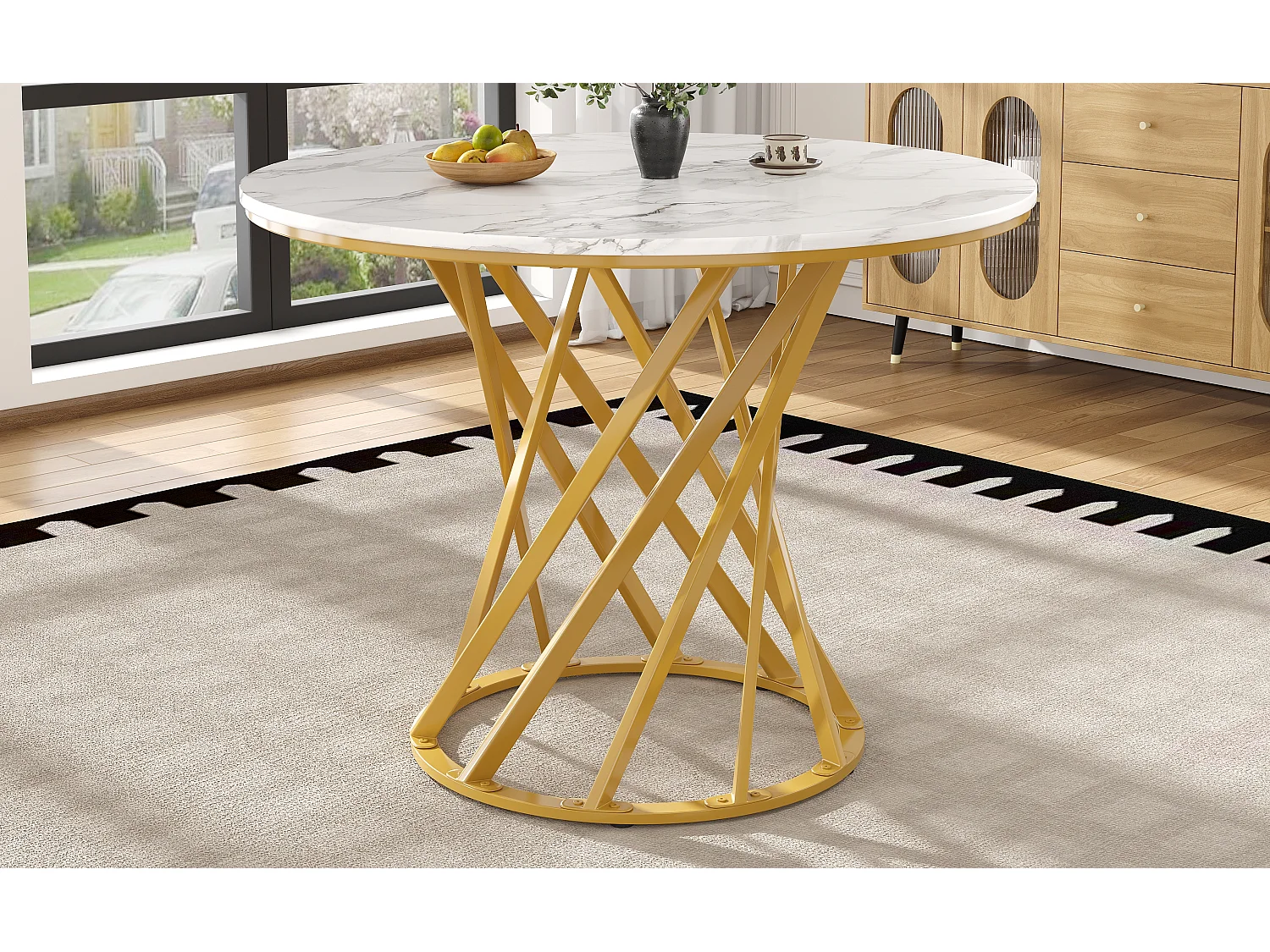 Table à manger 4 places - 80 x 80 x 76cm - table ronde pieds en métal dorés  - plateau en MDF marbré - MDF + métal - blanc