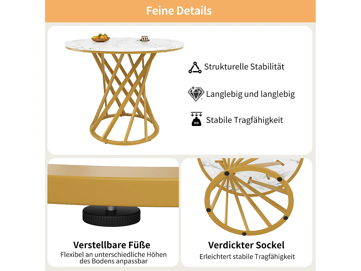 Table à manger 4 places - 80 x 80 x 76cm - table ronde pieds en métal dorés  - plateau en MDF marbré - MDF + métal - blanc