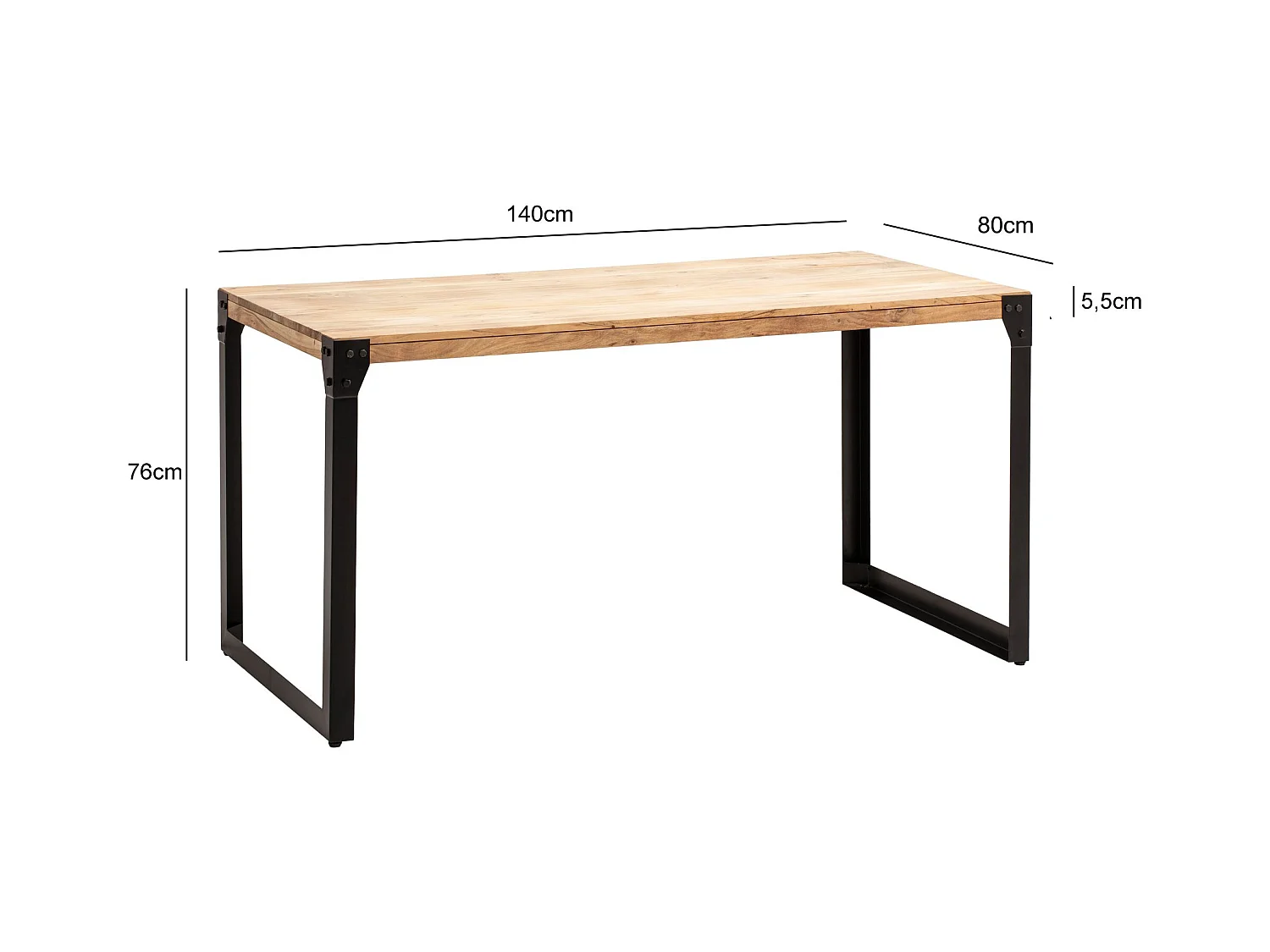 Eetkamertafel 140x80x76 cm acacia massief hout metalen eettafel industrieel, keukentafel met metalen poten, kleine houten tafel, eettafel eetkamer rechthoekig