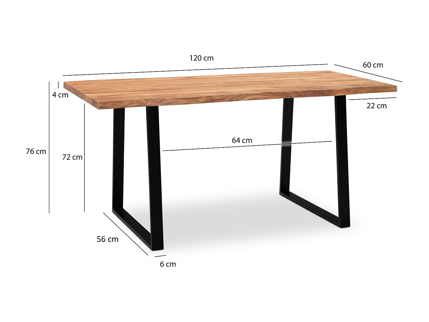 table de salle à manger 120x60x76 cm table à manger en bois massif d'acacia/métal bord d'arbre,