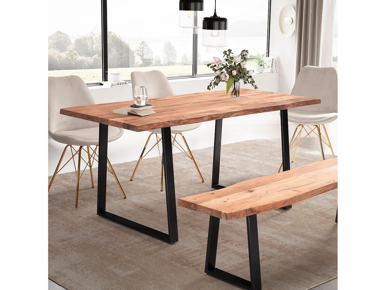 table de salle à manger 120x60x76 cm table à manger en bois massif d'acacia/métal bord d'arbre,