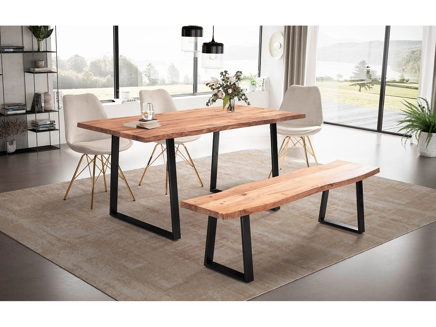 table de salle à manger 120x60x76 cm table à manger en bois massif d'acacia/métal bord d'arbre,