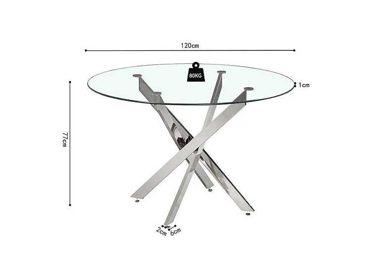 Mesa de jantar CRISTELIA – Redonda Ø120 cm – Tampo de vidro – Pés cromados – Design elegante e moderno
