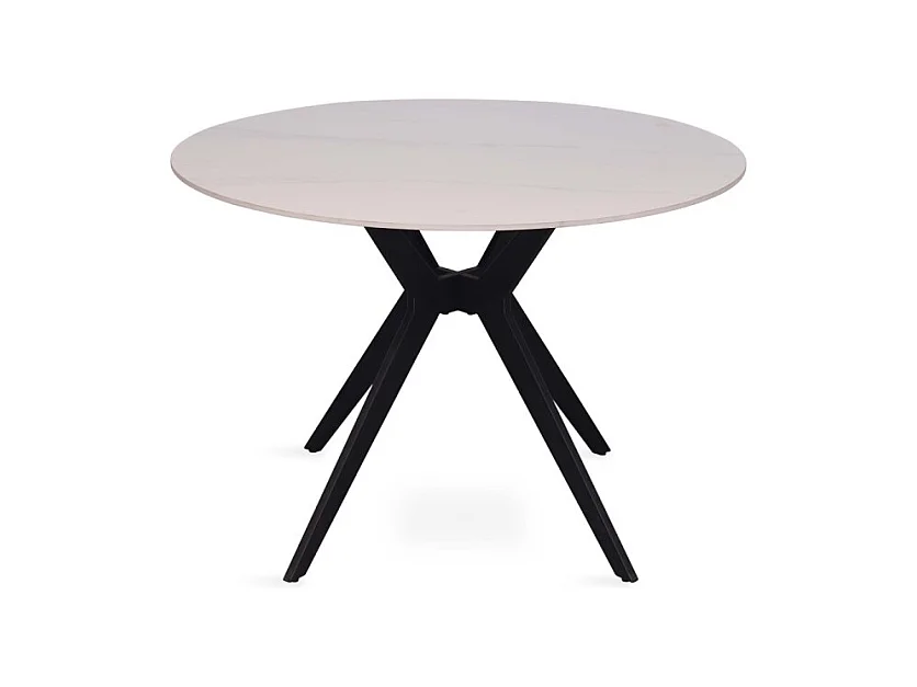 Table à manger ronde ARVENA – 110 cm – Plateau en pierre frittée – Coloris blanc – Design métal élégant
