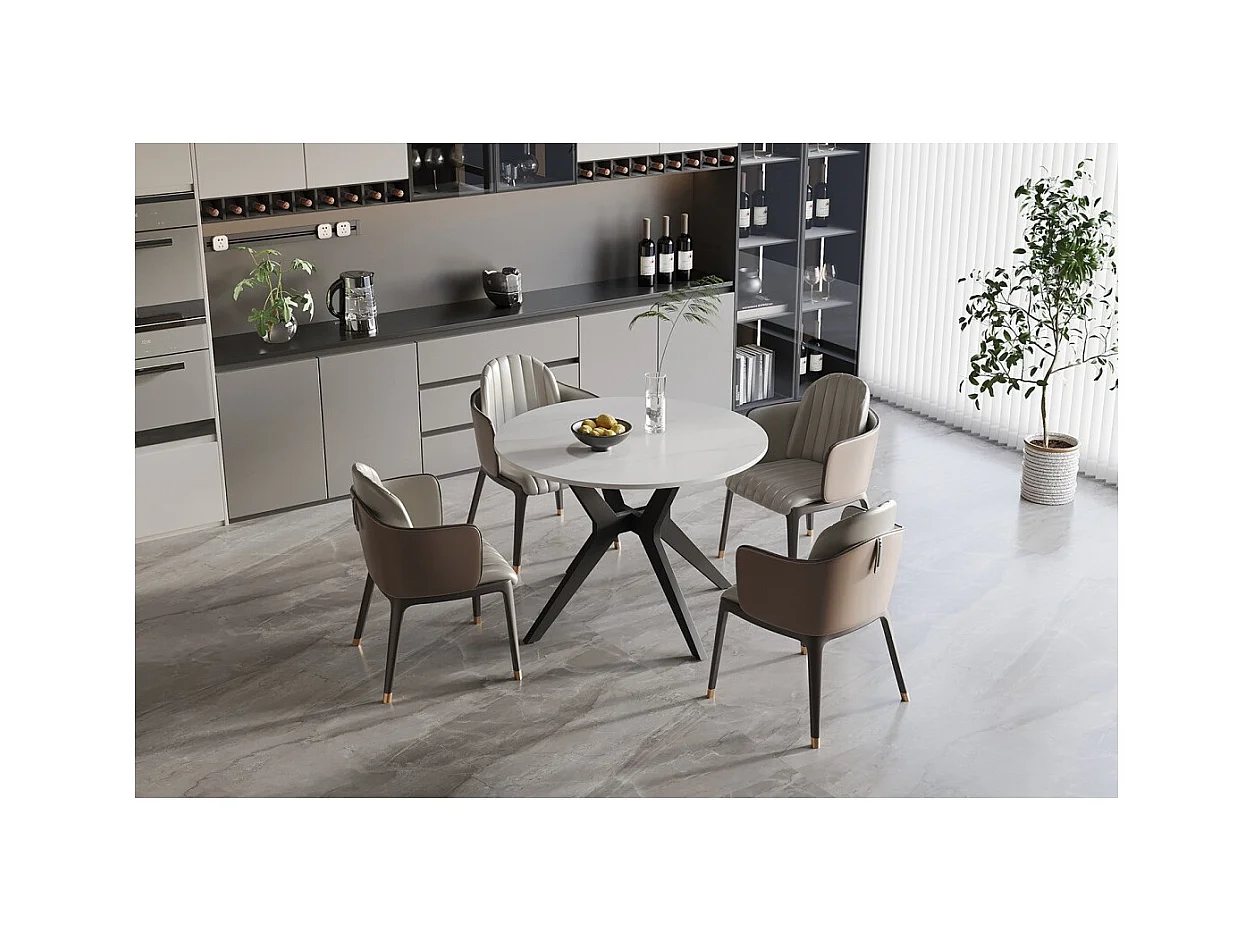 Table à manger ronde ARVENA – 110 cm – Plateau en pierre frittée – Coloris blanc – Design métal élégant