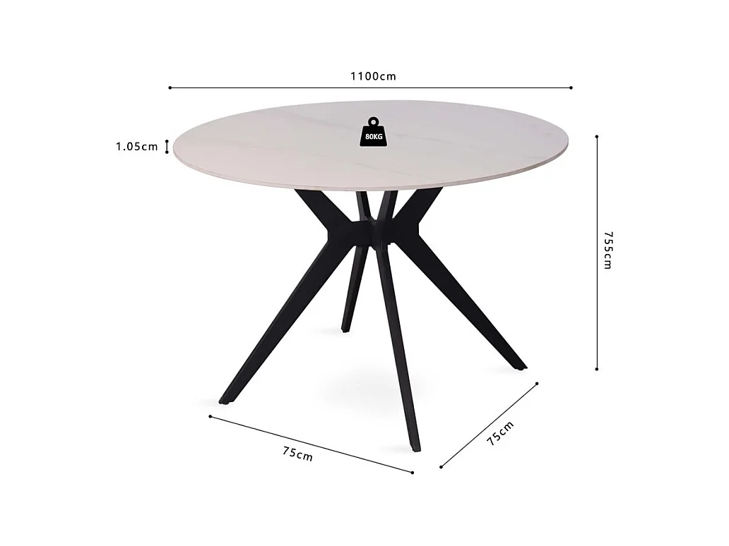 Table à manger ronde ARVENA – 110 cm – Plateau en pierre frittée – Coloris blanc – Design métal élégant