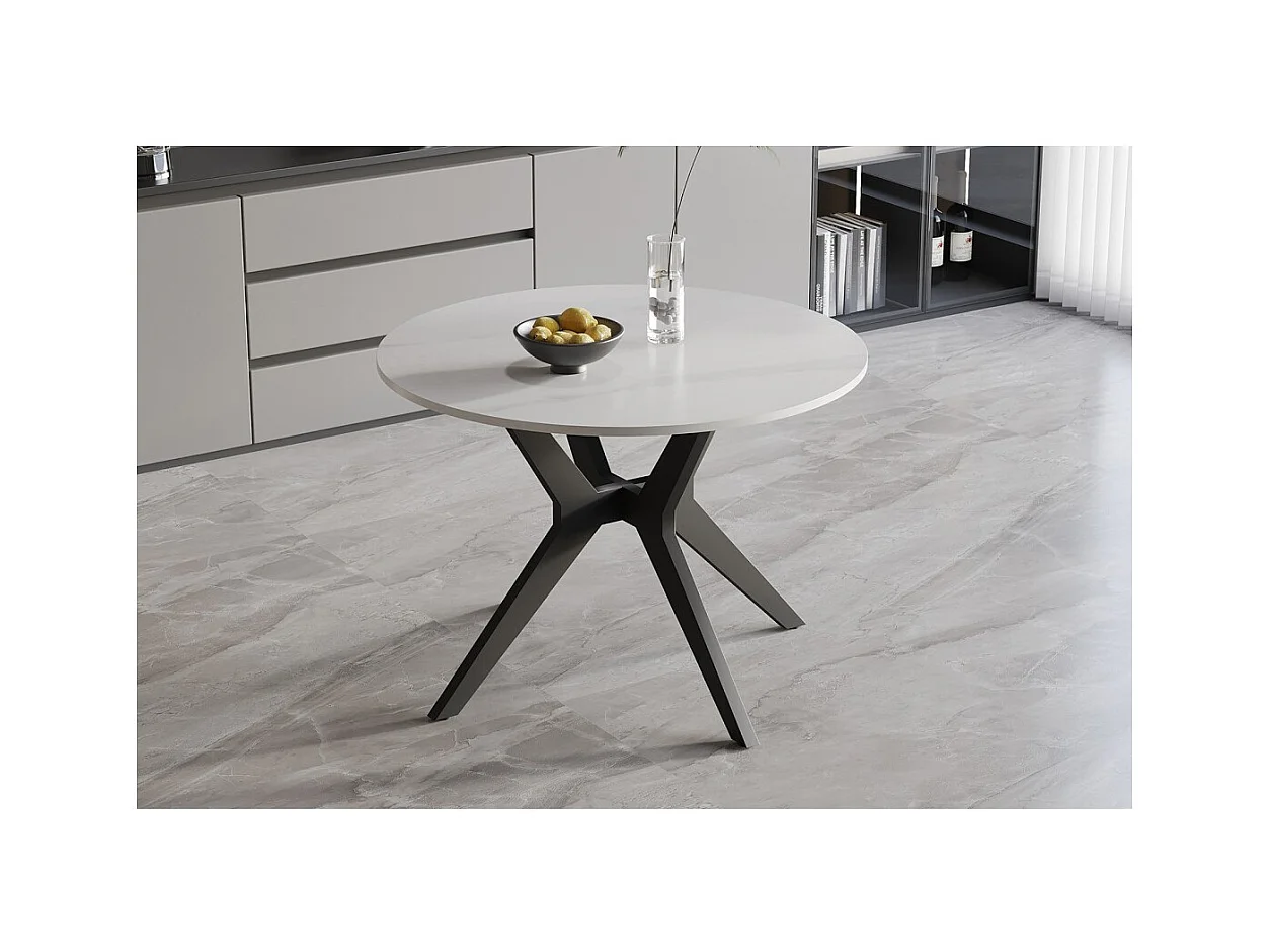 Table à manger ronde ARVENA – 110 cm – Plateau en pierre frittée – Coloris blanc – Design métal élégant