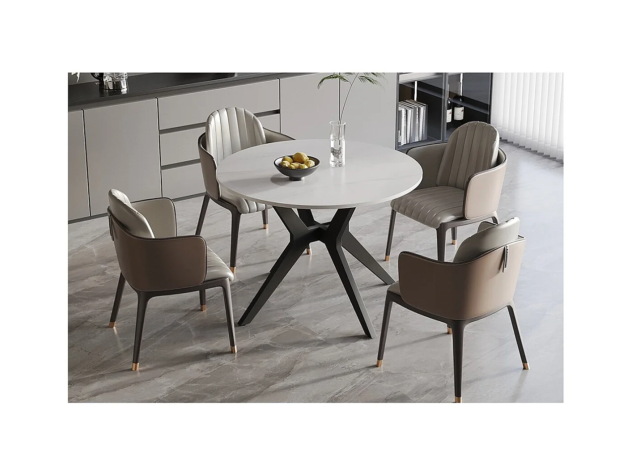 Table à manger ronde ARVENA – 110 cm – Plateau en pierre frittée – Coloris blanc – Design métal élégant