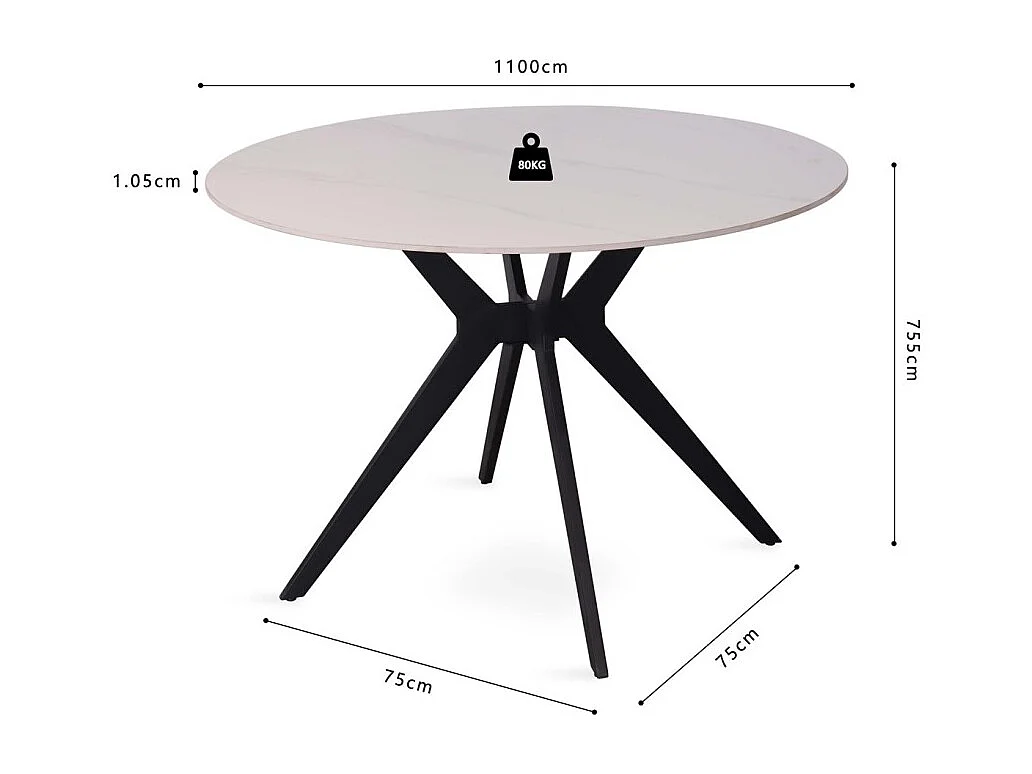 Table à manger ronde ARVENA – 110 cm – Plateau en pierre frittée – Coloris blanc – Design métal élégant