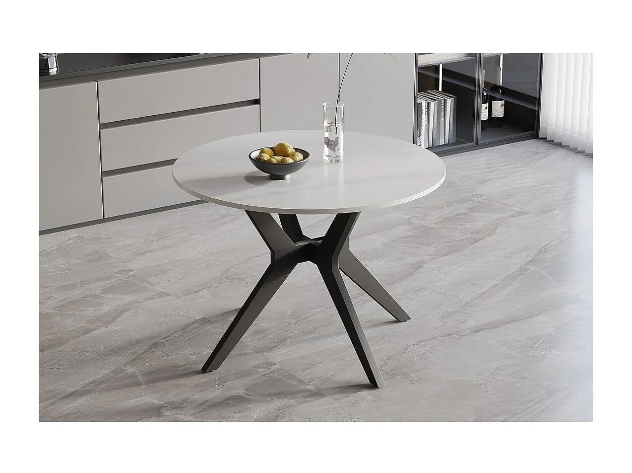Table à manger ronde ARVENA – 110 cm – Plateau en pierre frittée – Coloris blanc – Design métal élégant