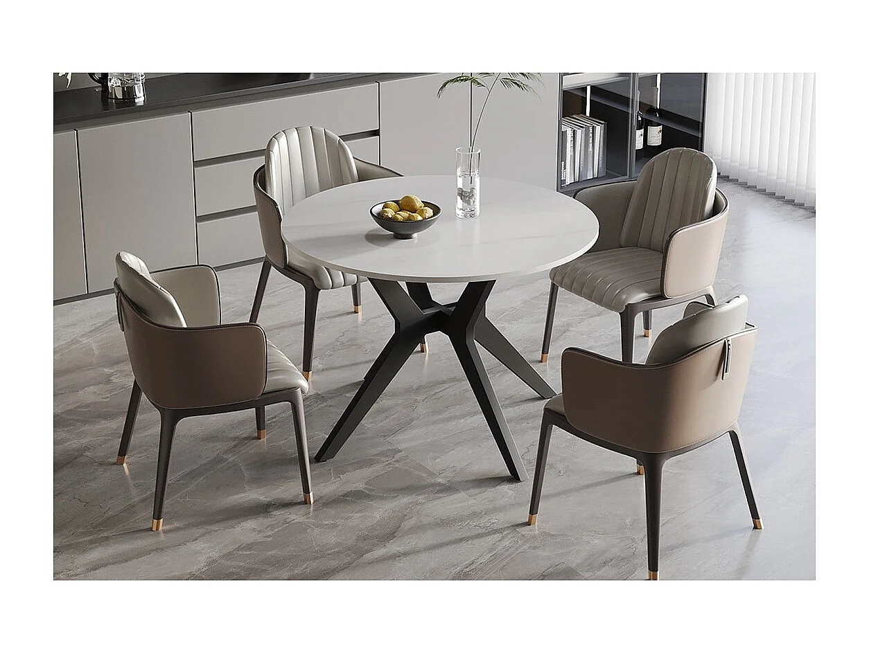 Table à manger ronde ARVENA – 110 cm – Plateau en pierre frittée – Coloris blanc – Design métal élégant