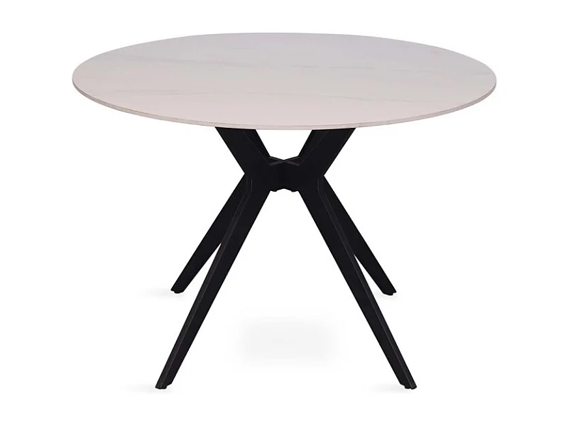 Table à manger ronde ARVENA – 110 cm – Plateau en pierre frittée – Coloris blanc – Design métal élégant
