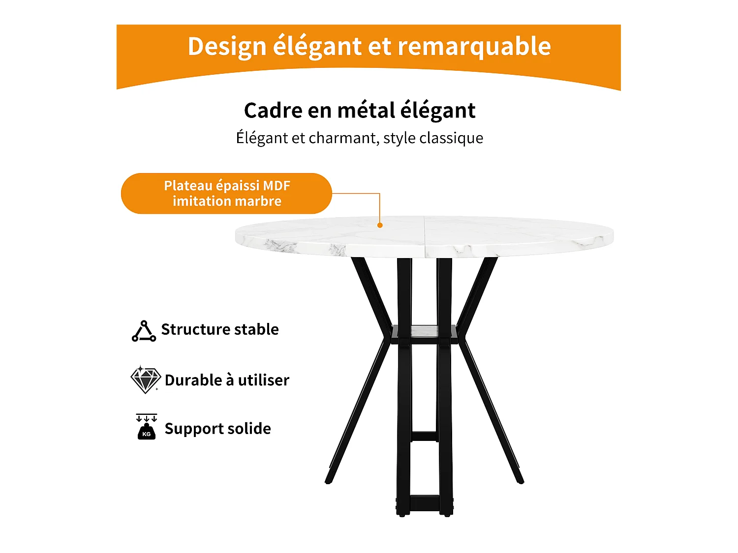Table à manger ronde 4 personnes, plateau en placage marbre blanc avec pieds croisé en métal noir - 100x100x76cm