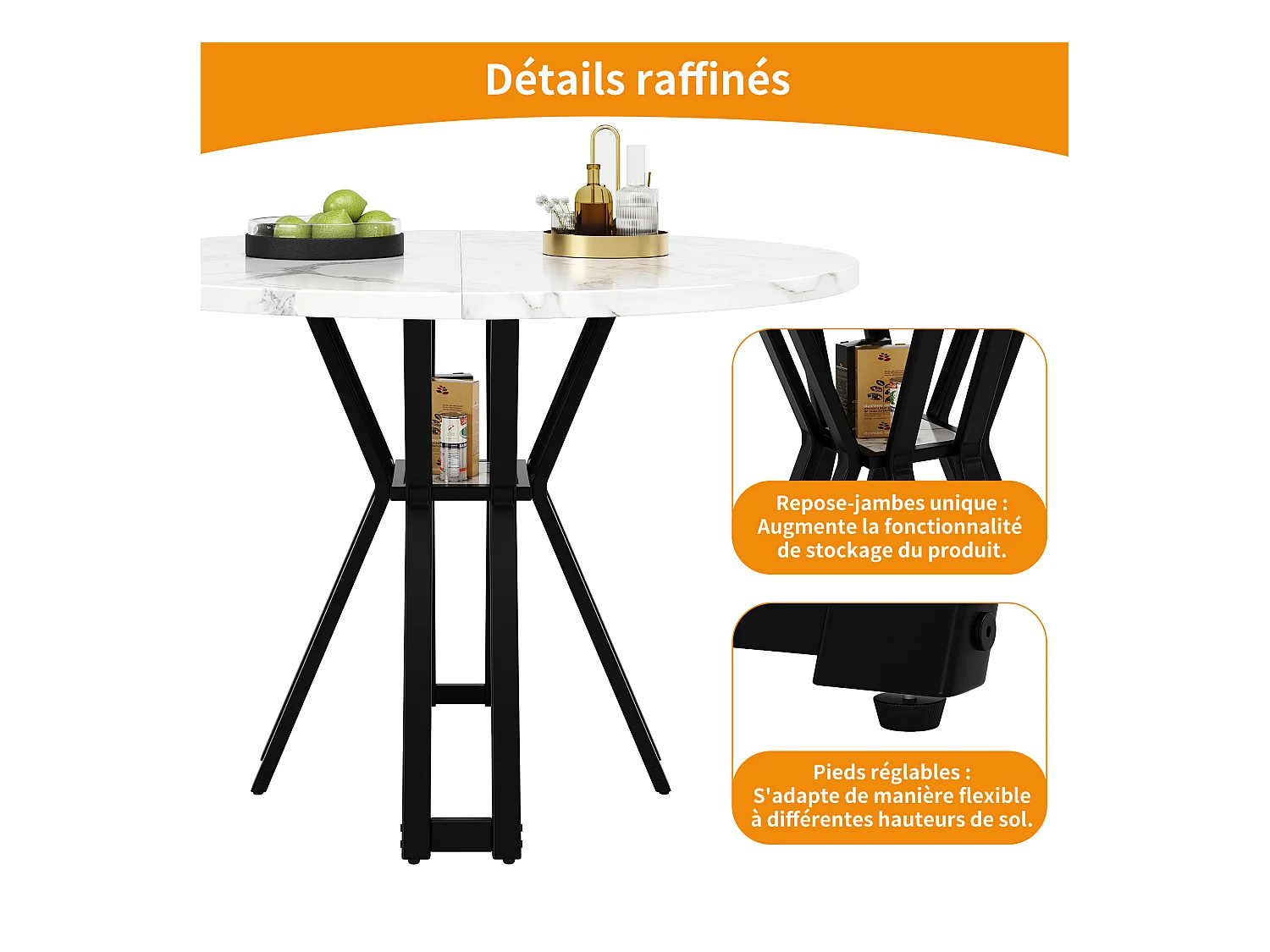 Table à manger ronde 4 personnes, plateau en placage marbre blanc avec pieds croisé en métal noir - 100x100x76cm
