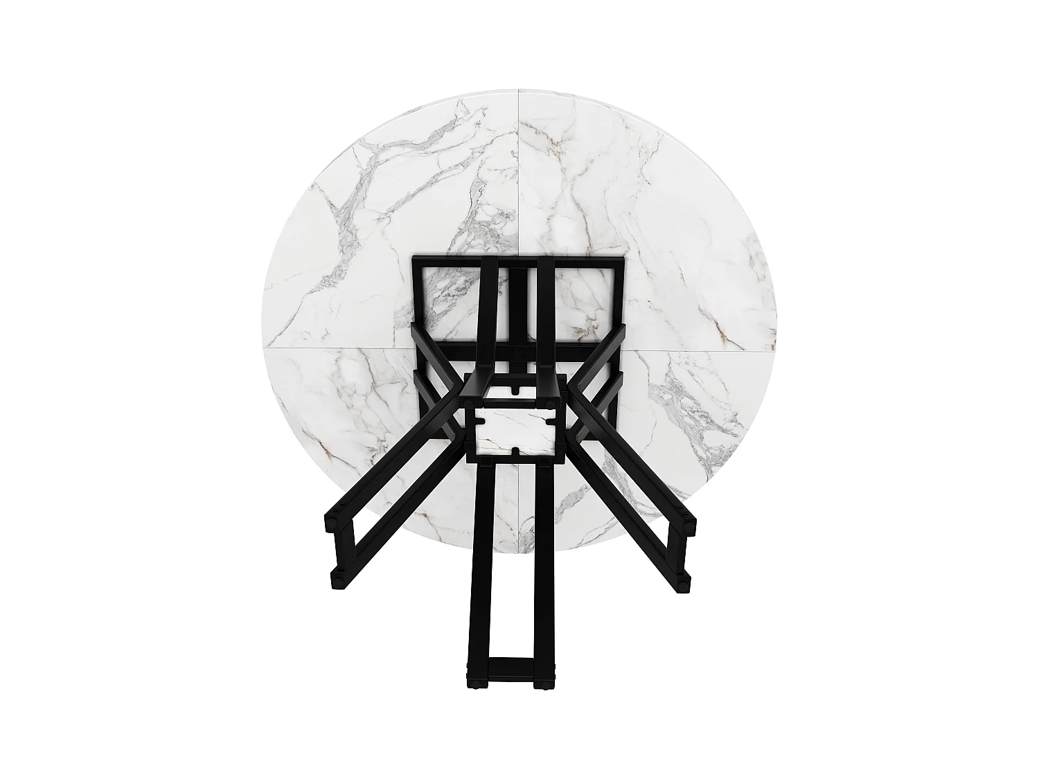 Table à manger ronde 4 personnes, plateau en placage marbre blanc avec pieds croisé en métal noir - 100x100x76cm