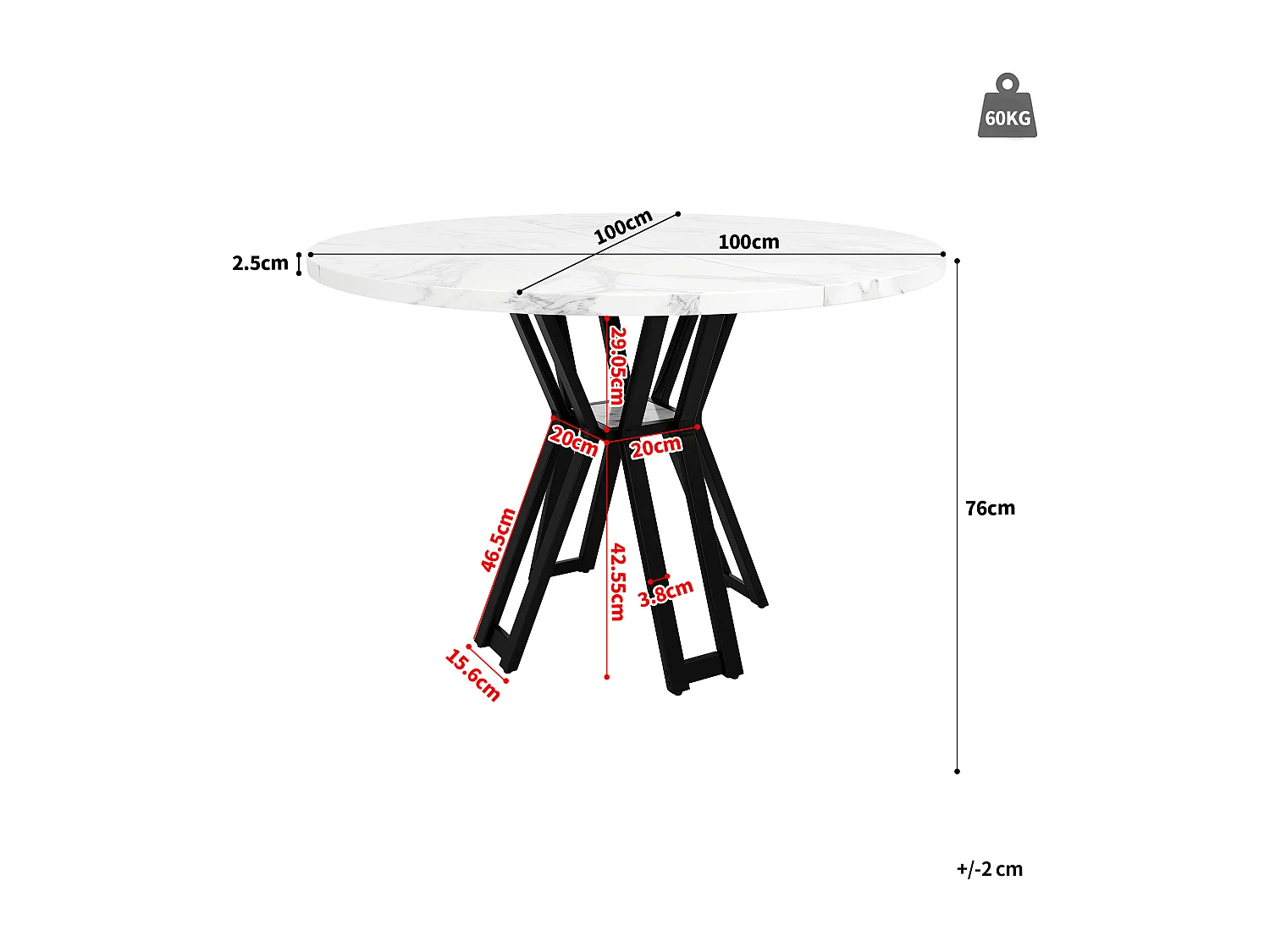 Tavolo da pranzo rotondo per 4 persone, piano in marmo bianco impiallacciato con gambe incrociate in metallo nero - 100x100x76cm