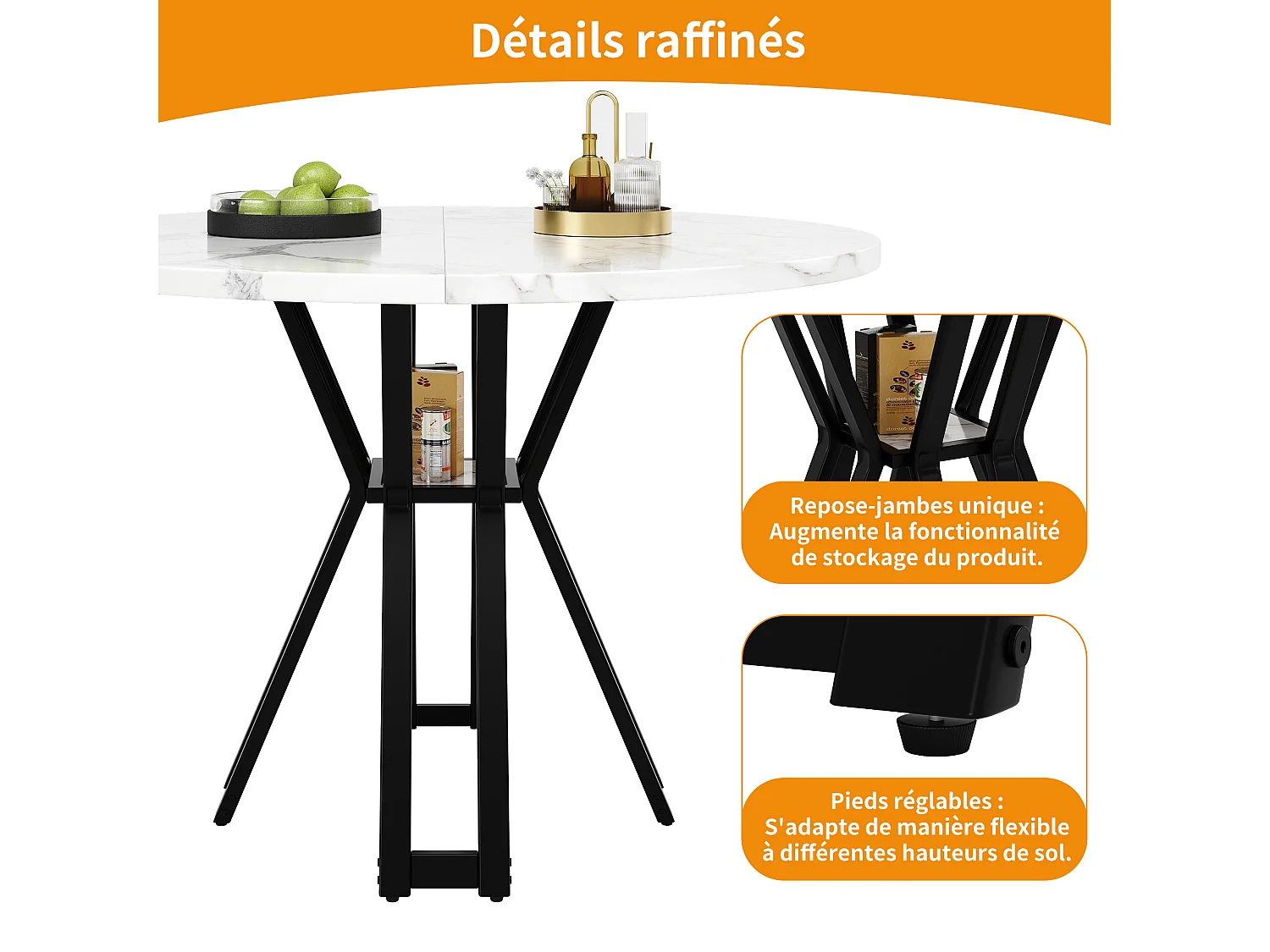 Tavolo da pranzo rotondo per 4 persone, piano in marmo bianco impiallacciato con gambe incrociate in metallo nero - 100x100x76cm