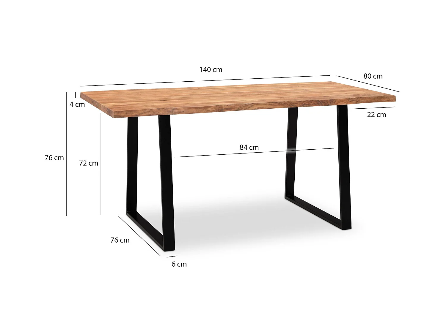 eettafel 140x80x76 cm acacia massief hout / metaal eettafel boomrand, massieve keukentafel met trapeziumpoten in zwart, houten tafel eettafel eetkamer rechthoekig