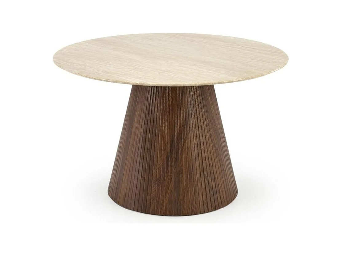 Table a manger ronde 120 cm plateau marbre travertin et pied bois MIKA