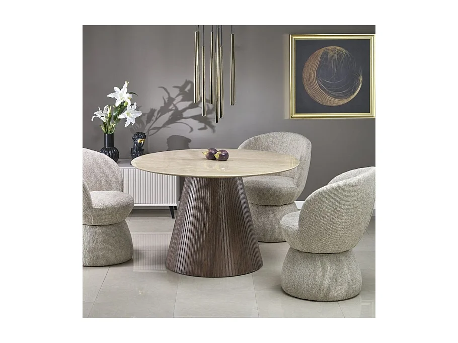 Table a manger ronde 120 cm plateau marbre travertin et pied bois MIKA