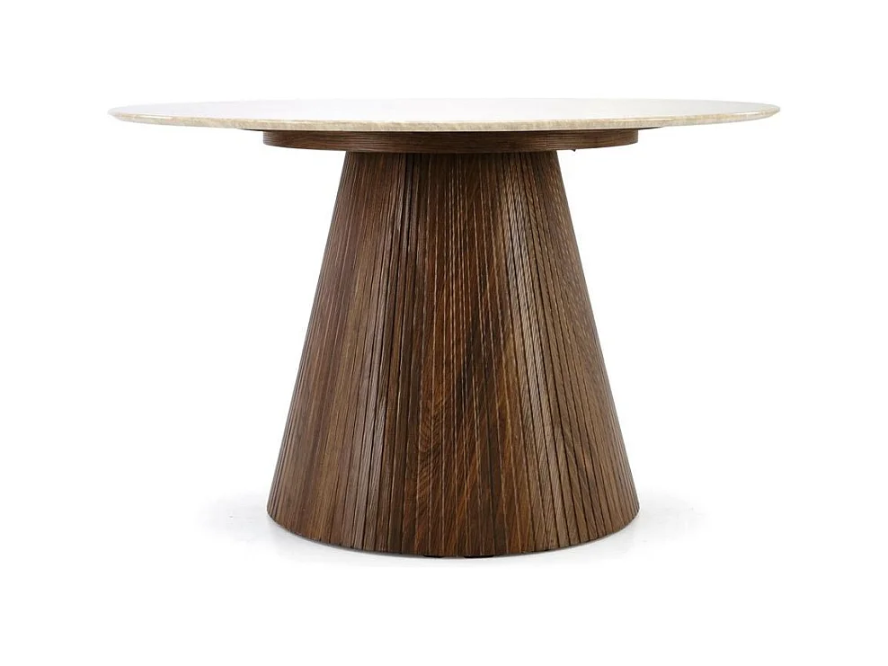 Table a manger ronde 120 cm plateau marbre travertin et pied bois MIKA