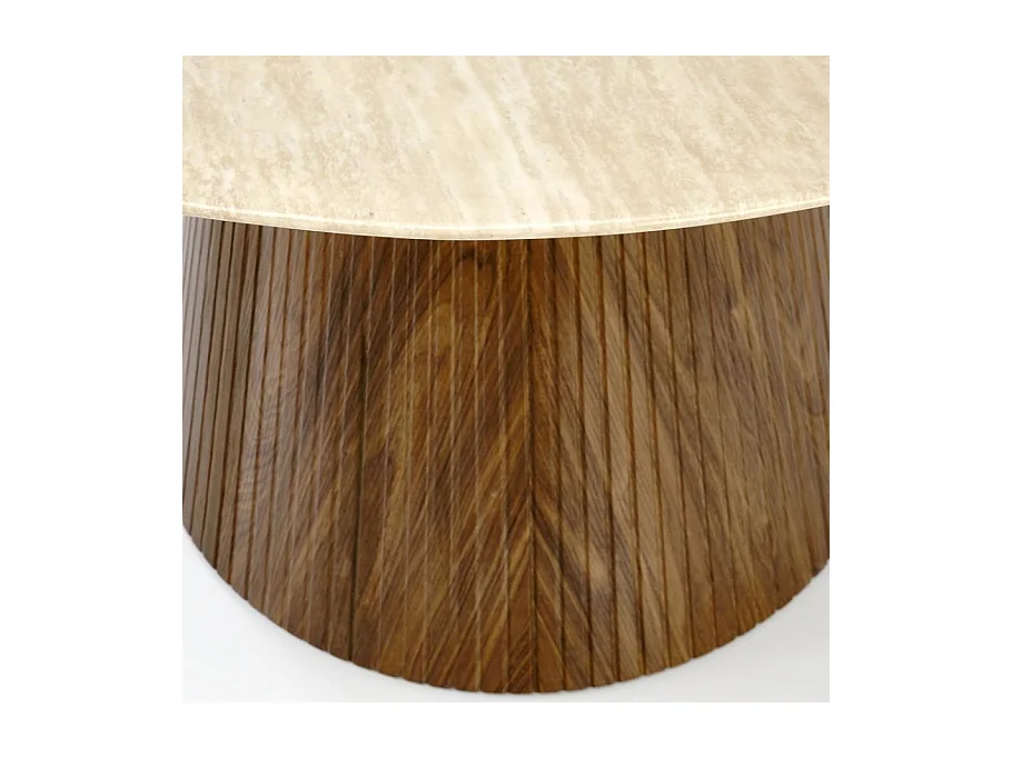 Table a manger ronde 120 cm plateau marbre travertin et pied bois MIKA