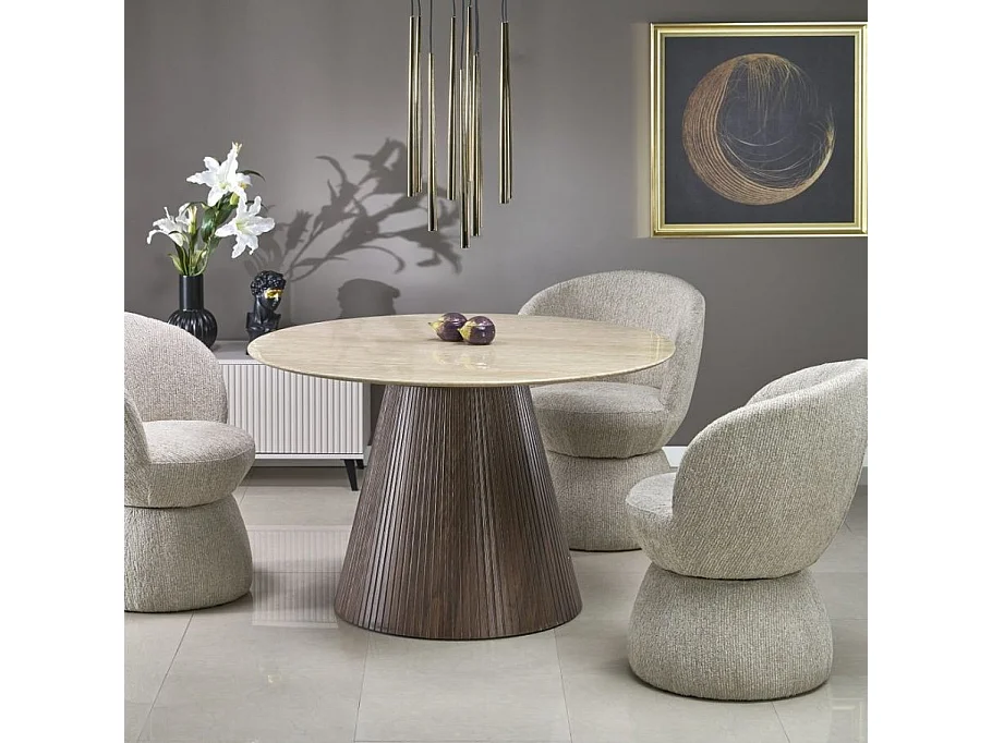 Table a manger ronde 120 cm plateau marbre travertin et pied bois MIKA