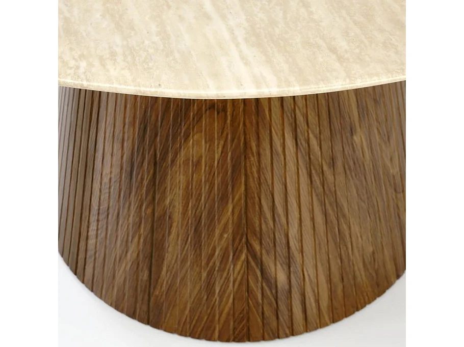 Table a manger ronde 120 cm plateau marbre travertin et pied bois MIKA