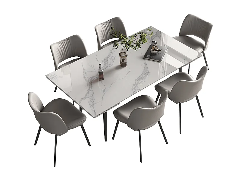 Ausziehbares Tischset mit 6 Stühlen, Höhe 76 cm, Breite 90 cm, ausziehbar von 160 bis 240 cm, Tischplatte aus Sinterstein, beige