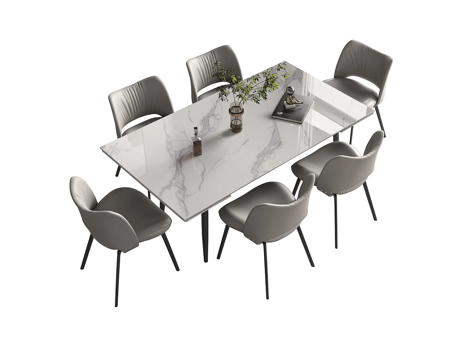 Ausziehbares Tischset mit 6 Stühlen, Höhe 76 cm, Breite 90 cm, ausziehbar von 160 bis 240 cm, Tischplatte aus Sinterstein, beige