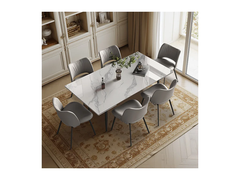 Ausziehbares Tischset mit 6 Stühlen, Höhe 76 cm, Breite 90 cm, ausziehbar von 160 bis 240 cm, Tischplatte aus Sinterstein, beige