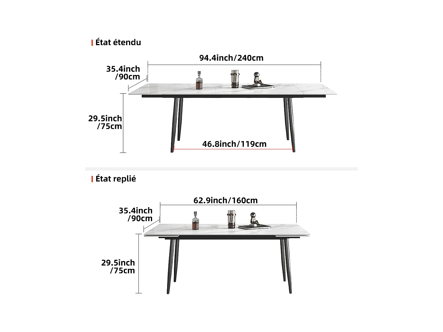 Ausziehbares Tischset mit 6 Stühlen, Höhe 76 cm, Breite 90 cm, ausziehbar von 160 bis 240 cm, Tischplatte aus Sinterstein, beige