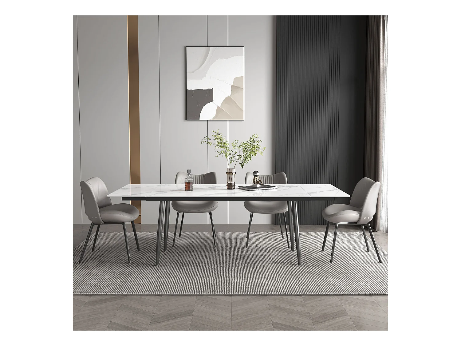 Ausziehbares Tischset mit 6 Stühlen, Höhe 76 cm, Breite 90 cm, ausziehbar von 160 bis 240 cm, Tischplatte aus Sinterstein, beige