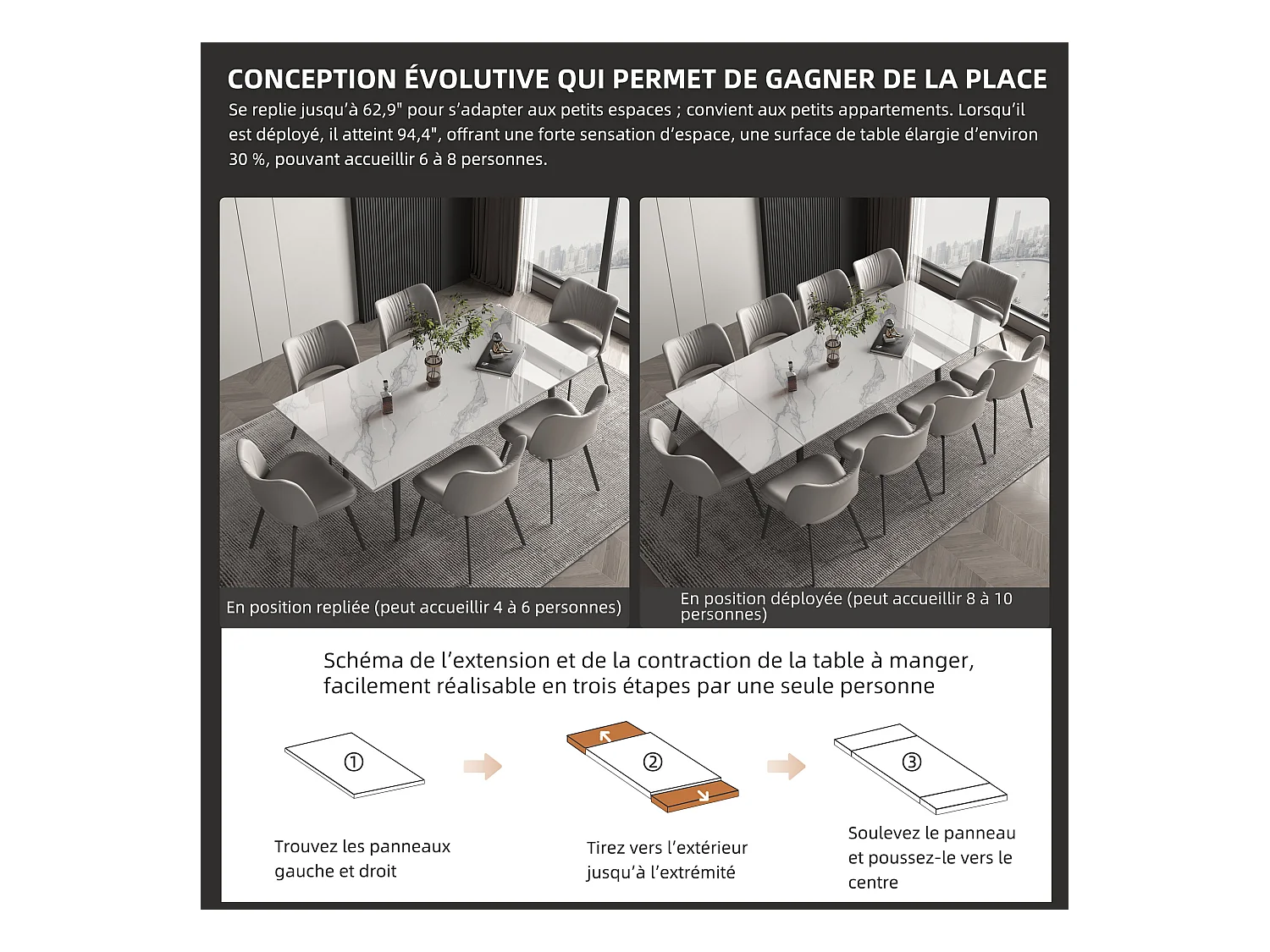 Ausziehbares Tischset mit 6 Stühlen, Höhe 76 cm, Breite 90 cm, ausziehbar von 160 bis 240 cm, Tischplatte aus Sinterstein, beige