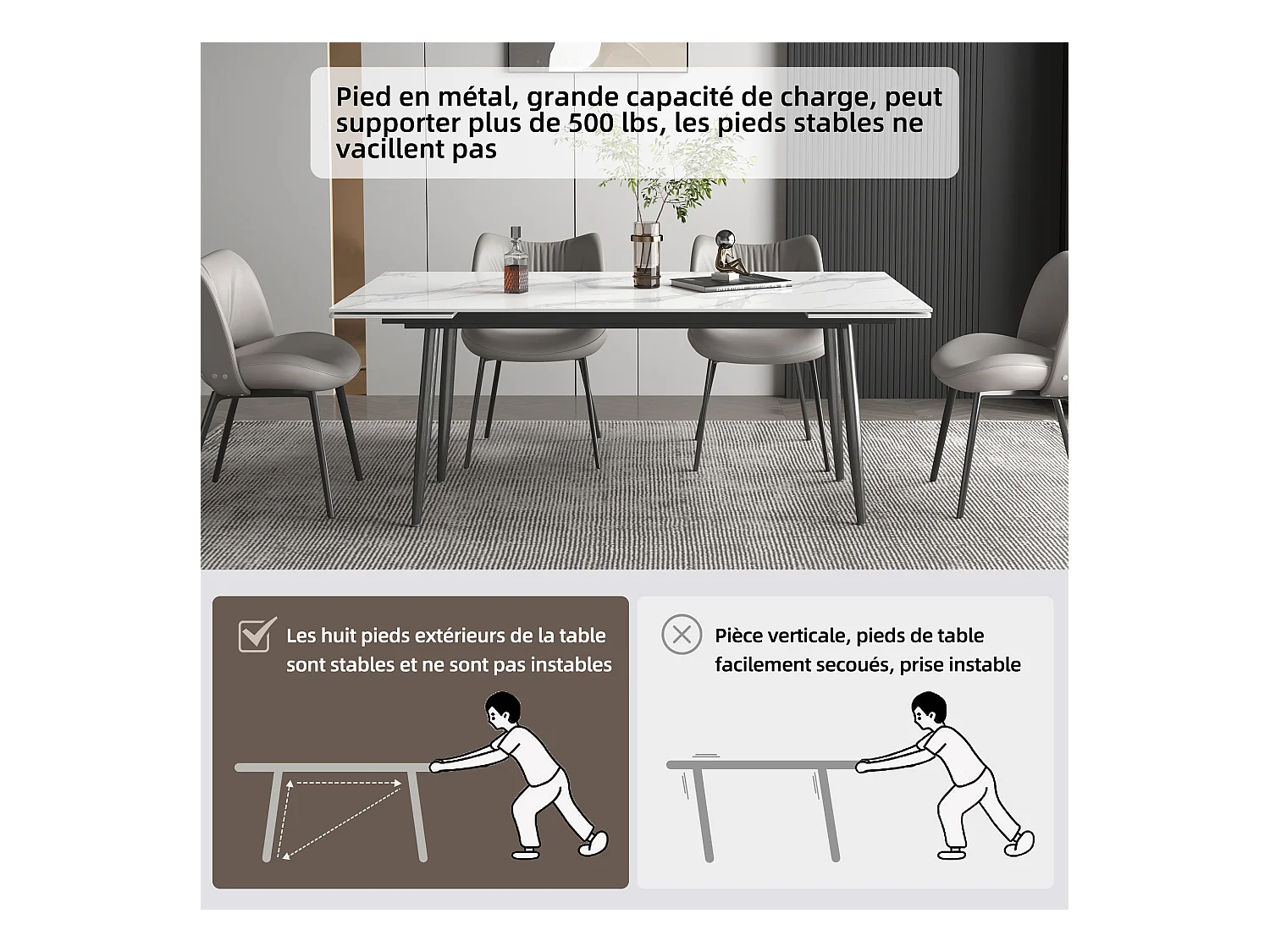 Ausziehbares Tischset mit 6 Stühlen, Höhe 76 cm, Breite 90 cm, ausziehbar von 160 bis 240 cm, Tischplatte aus Sinterstein, beige