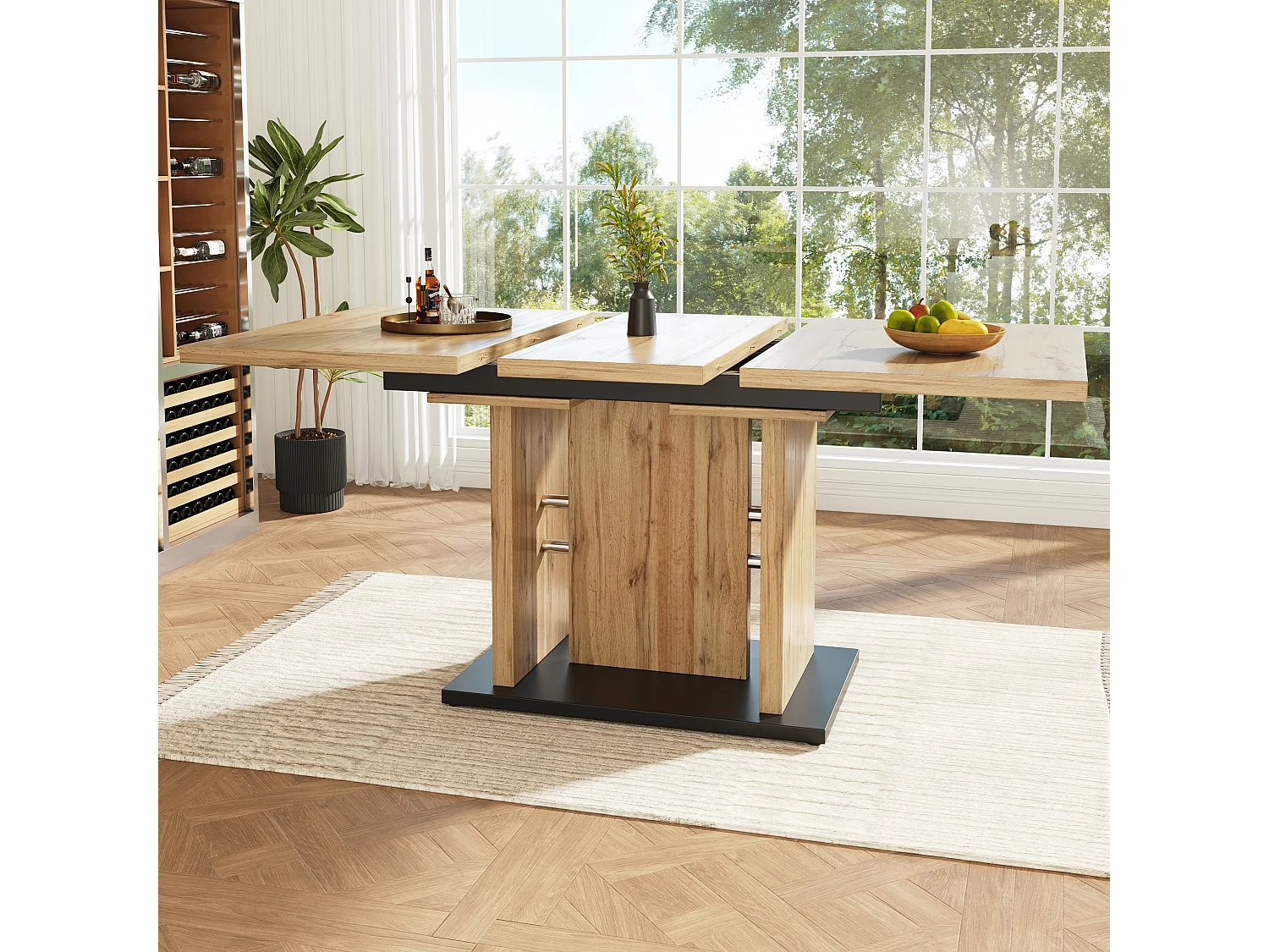 Table à manger extensible 6-8 personnes, corps en MDF naturel clair, pieds noir