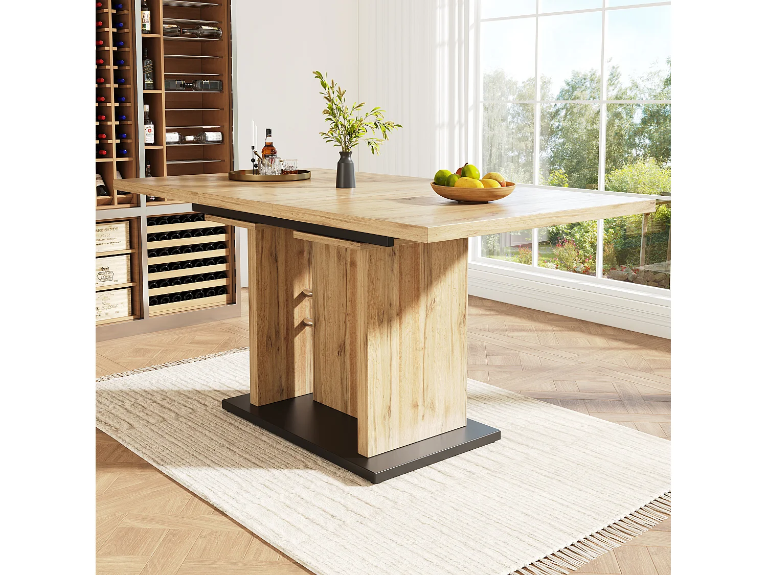 Table à manger extensible 6-8 personnes, corps en MDF naturel clair, pieds noir