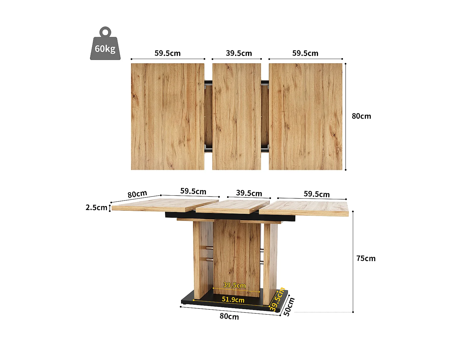Table à manger extensible 6-8 personnes, corps en MDF naturel clair, pieds noir