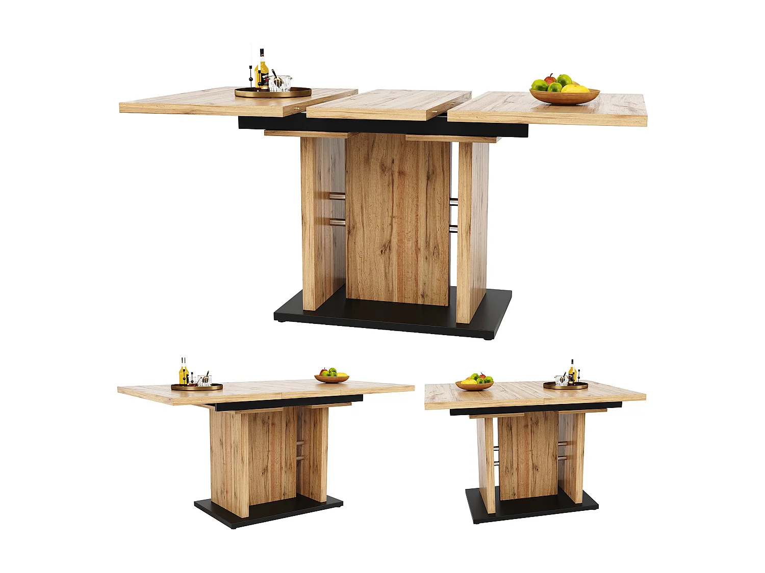 Table à manger extensible 6-8 personnes, corps en MDF naturel clair, pieds noir