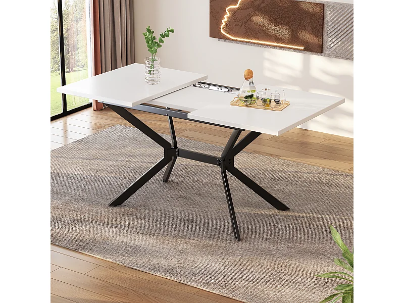 Tavolo da pranzo rettangolare allungabile per 4-6 persone in MDF, piano bianco e gambe incrociate in metallo nero - 120/160x80x75cm