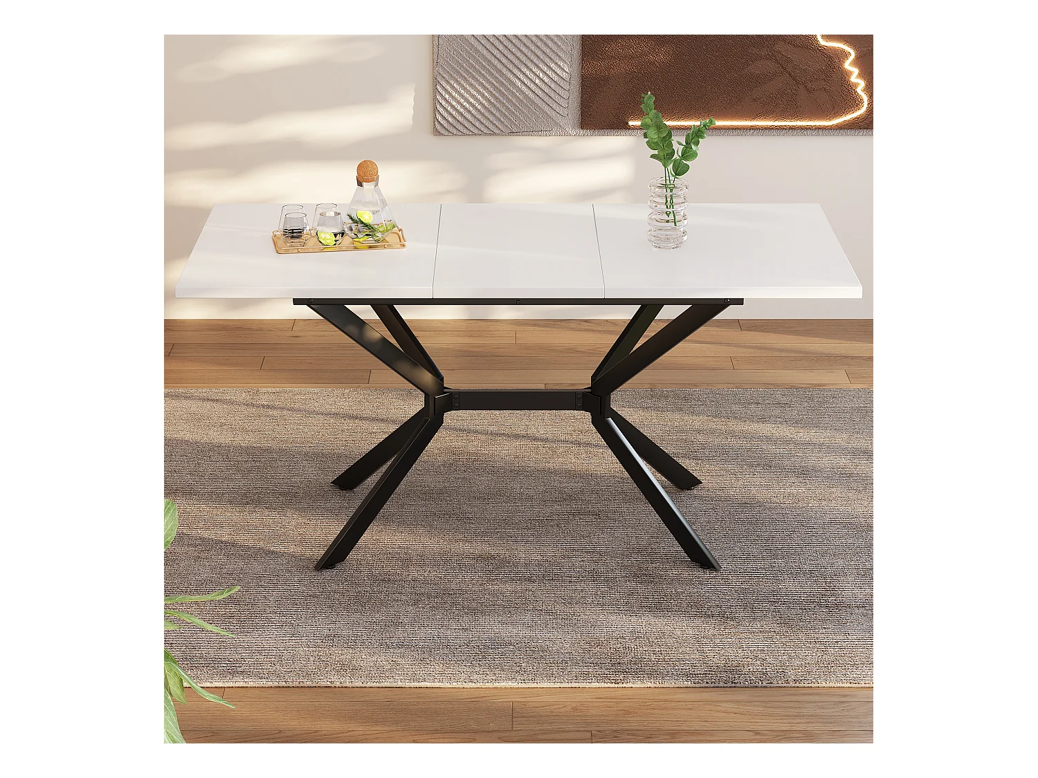 Table à manger rectangle extensible 4-6 personnes en MDF, plateau blanc et pieds croisé en métal noir - 120/160x80x75cm