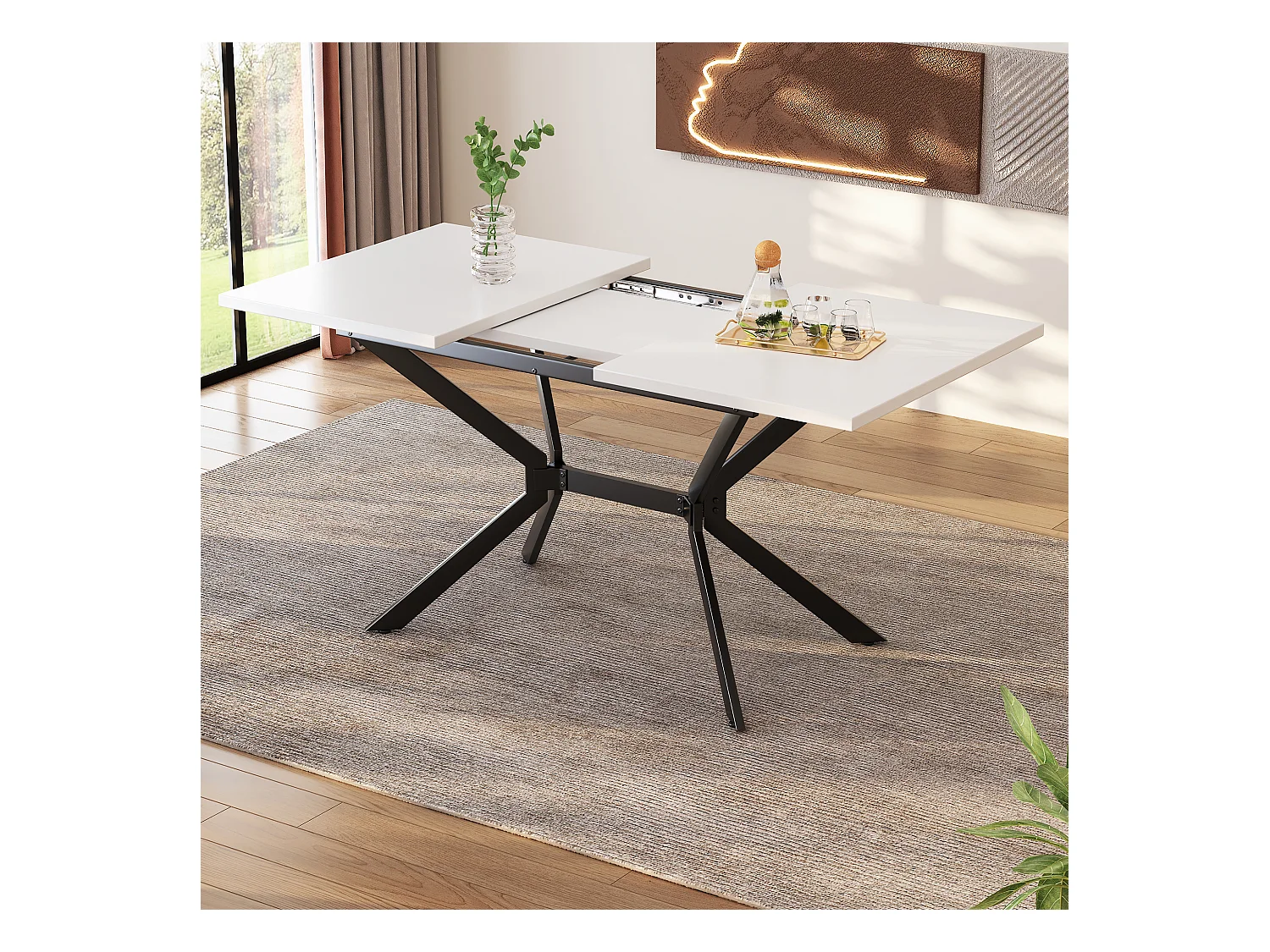 Table à manger rectangle extensible 4-6 personnes en MDF, plateau blanc et pieds croisé en métal noir - 120/160x80x75cm