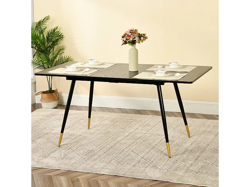 URBAN MEUBLE Table de salle à manger rectangulaire extensible noir effet bois de style scandinave pieds points dorés 120-160