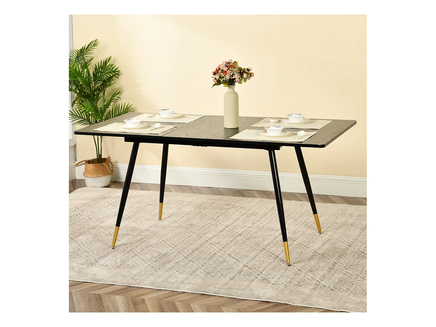 URBAN MEUBLE Table de salle à manger rectangulaire extensible noir effet bois de style scandinave pieds points dorés 120-160