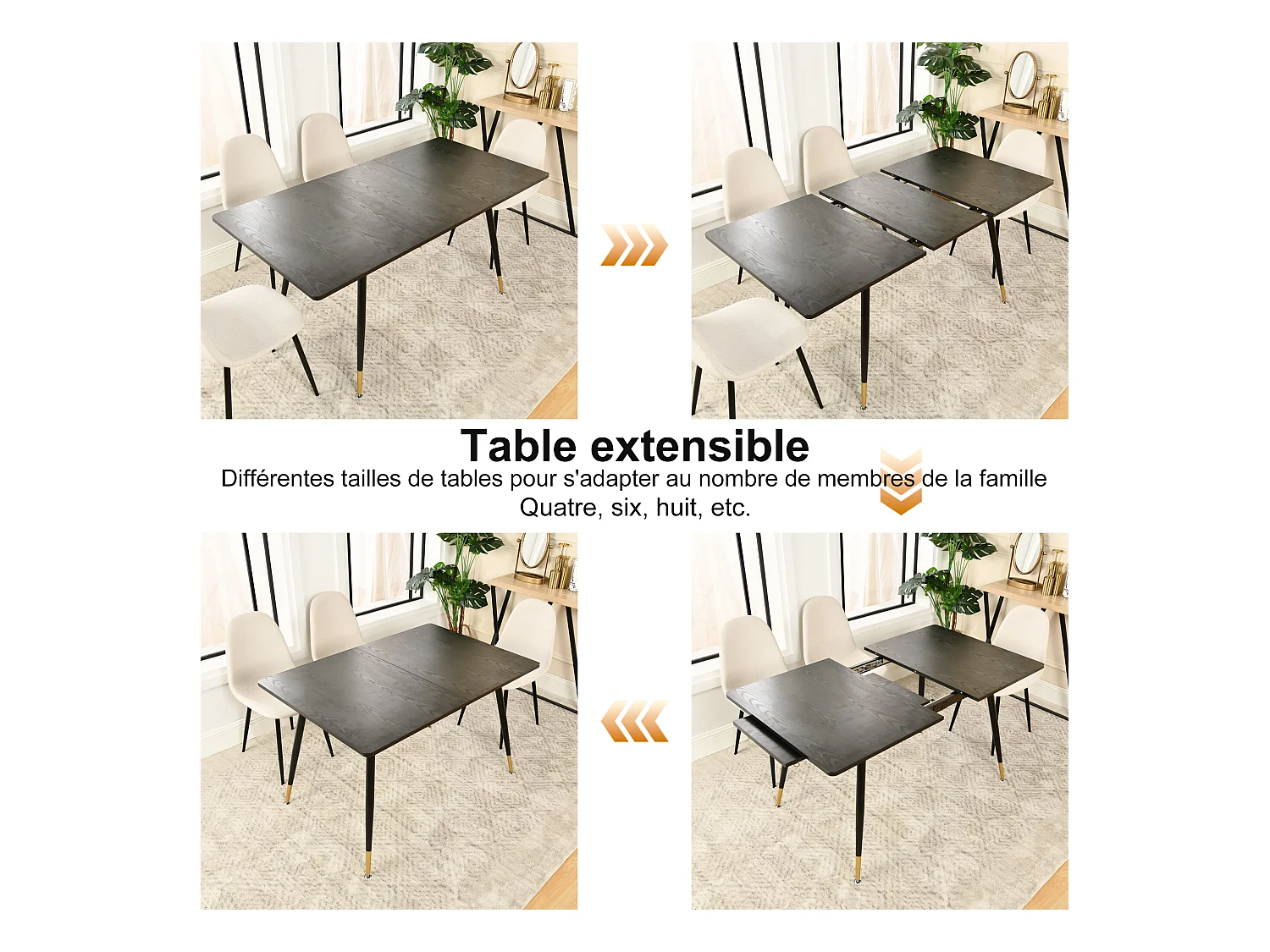 URBAN MEUBLE Table de salle à manger rectangulaire extensible noir effet bois de style scandinave pieds points dorés 120-160