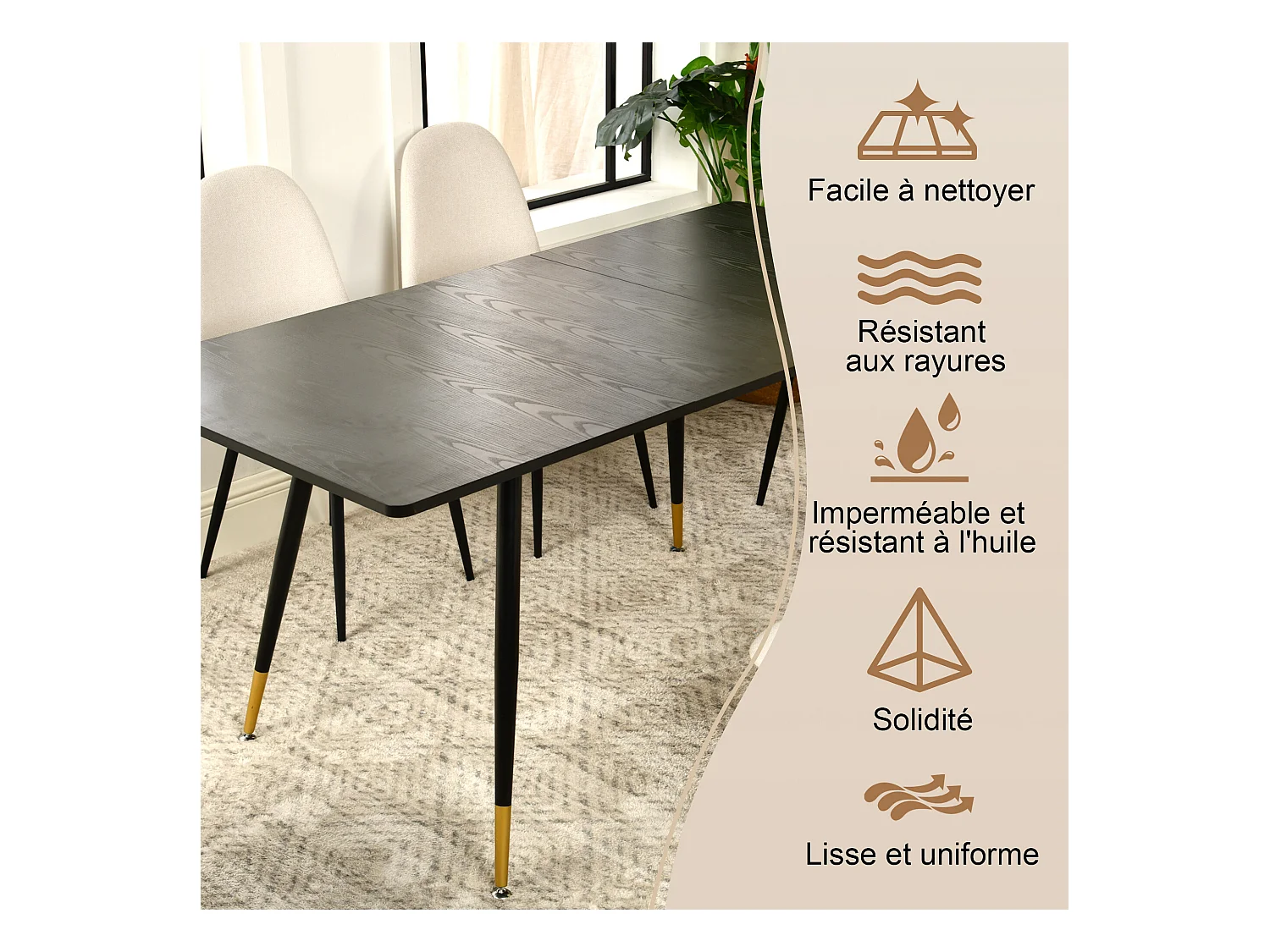 URBAN MEUBLE Table de salle à manger rectangulaire extensible noir effet bois de style scandinave pieds points dorés 120-160