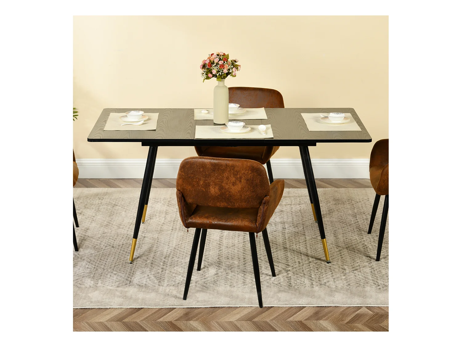 URBAN MEUBLE Table de salle à manger rectangulaire extensible noir effet bois de style scandinave pieds points dorés 120-160