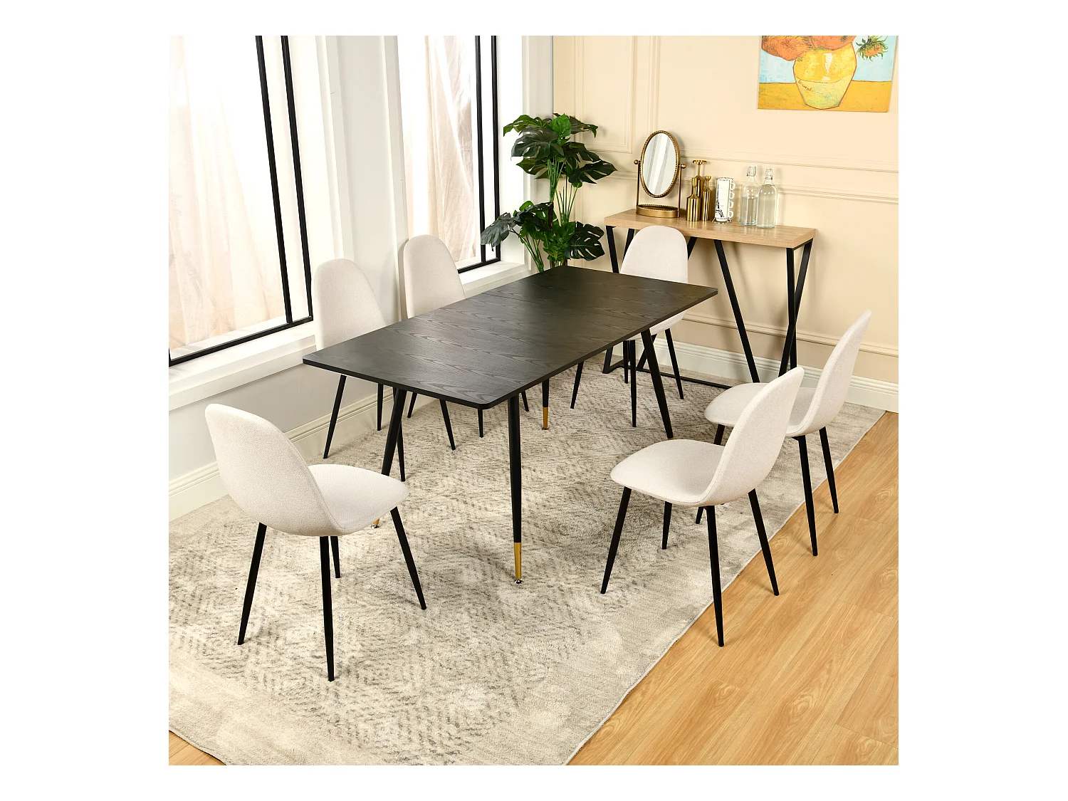 URBAN MEUBLE Table de salle à manger rectangulaire extensible noir effet bois de style scandinave pieds points dorés 120-160